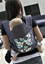 BabyHawk Mei Tai Baby Carrier - Aqua Falling Leaves on Charcoal Strap